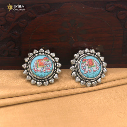 925 sterling silver elephant miniature art Painting stud earring er334