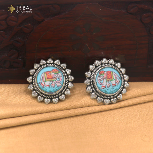 925 sterling silver elephant miniature art Painting stud earring er334