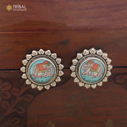 925 sterling silver elephant miniature art Painting stud earring er334