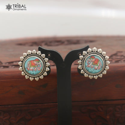 925 sterling silver elephant miniature art Painting stud earring er334