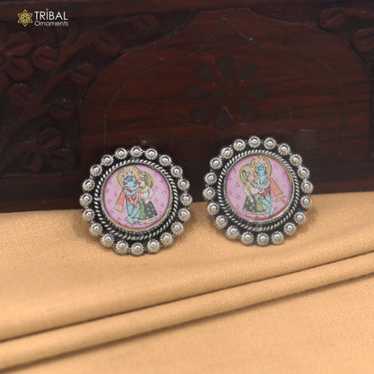 925 sterling silver Radha krishna design miniature art Painting stud earring er338