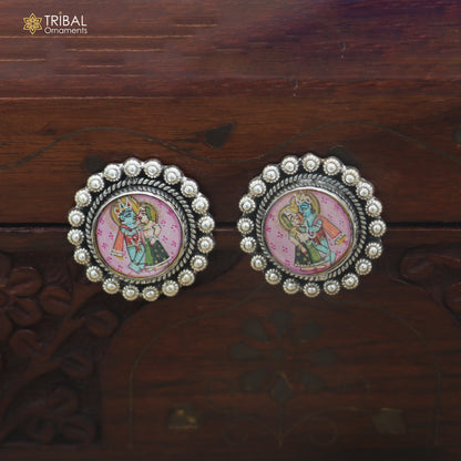 925 sterling silver Radha krishna design miniature art Painting stud earring er338