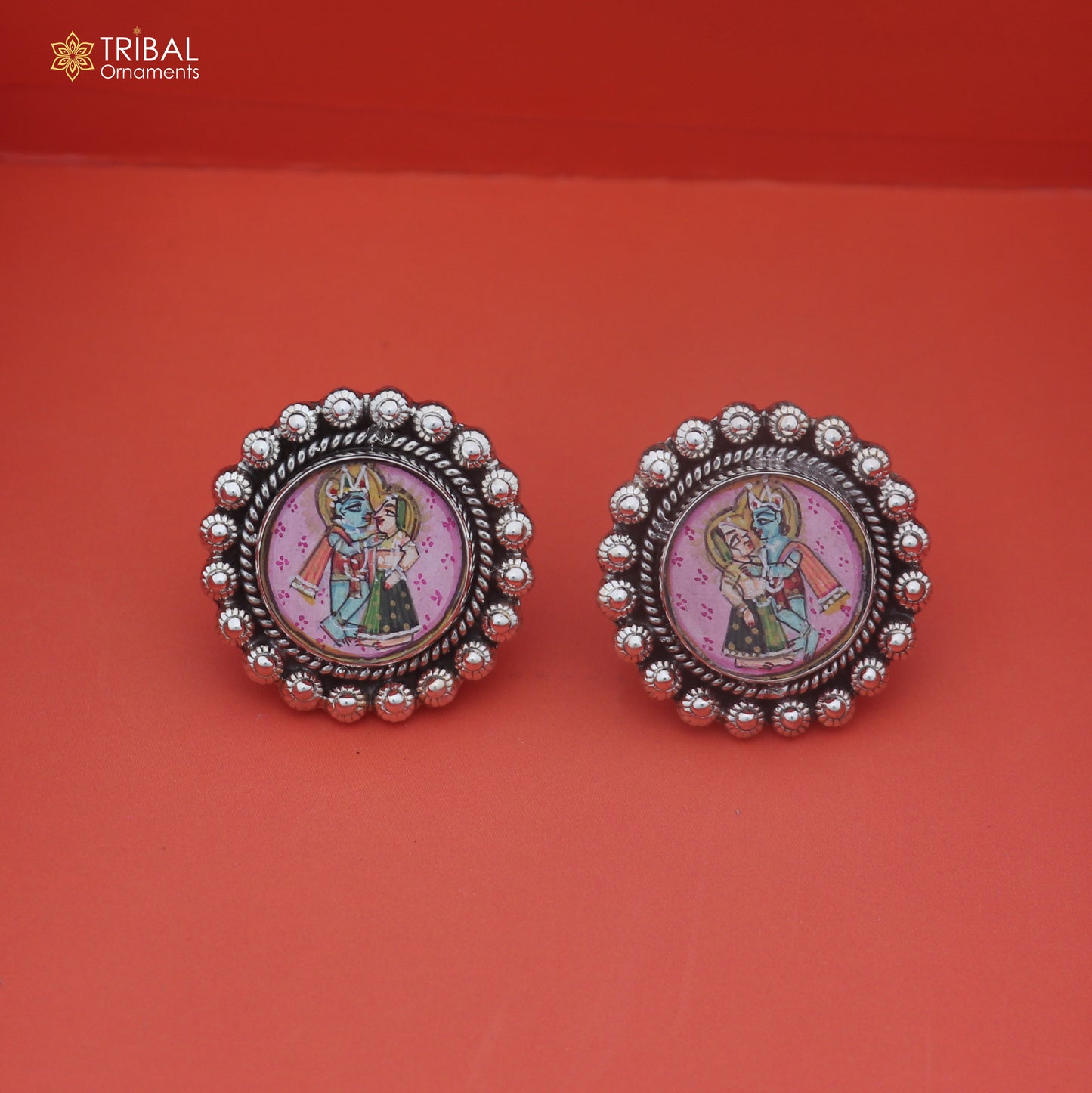 925 sterling silver Radha krishna design miniature art Painting stud earring er338