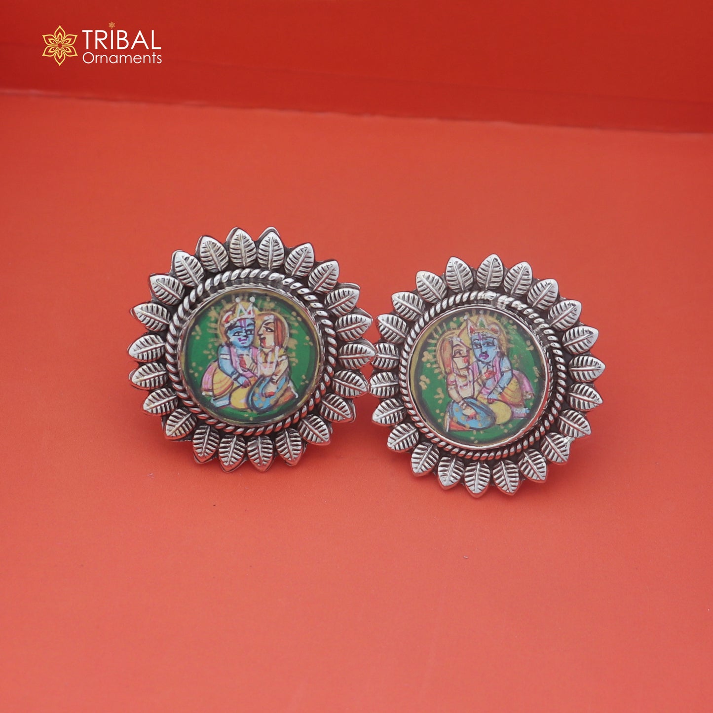 925 sterling silver Radha krishna design miniature art Painting stud earring er339