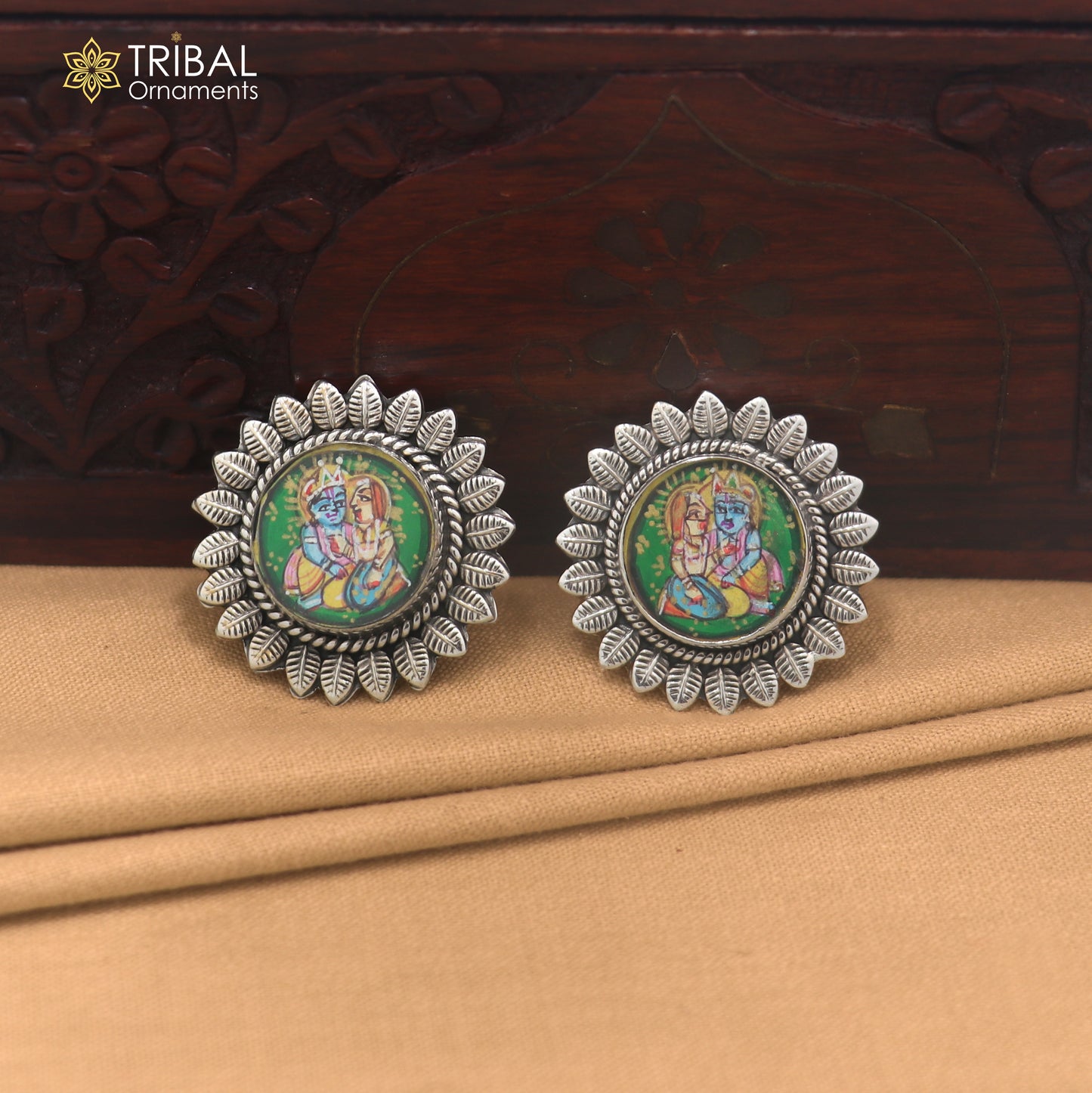 925 sterling silver Radha krishna design miniature art Painting stud earring er339