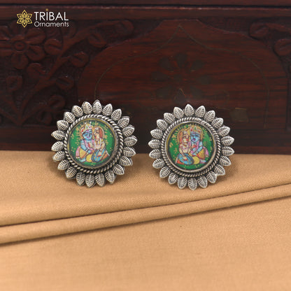 925 sterling silver Radha krishna design miniature art Painting stud earring er339