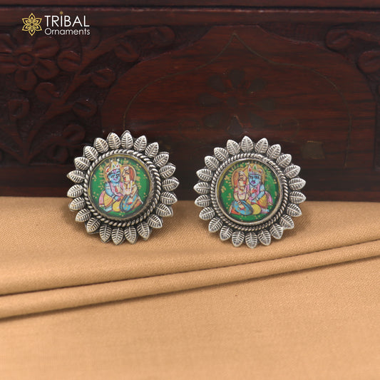 925 sterling silver Radha krishna design miniature art Painting stud earring er339