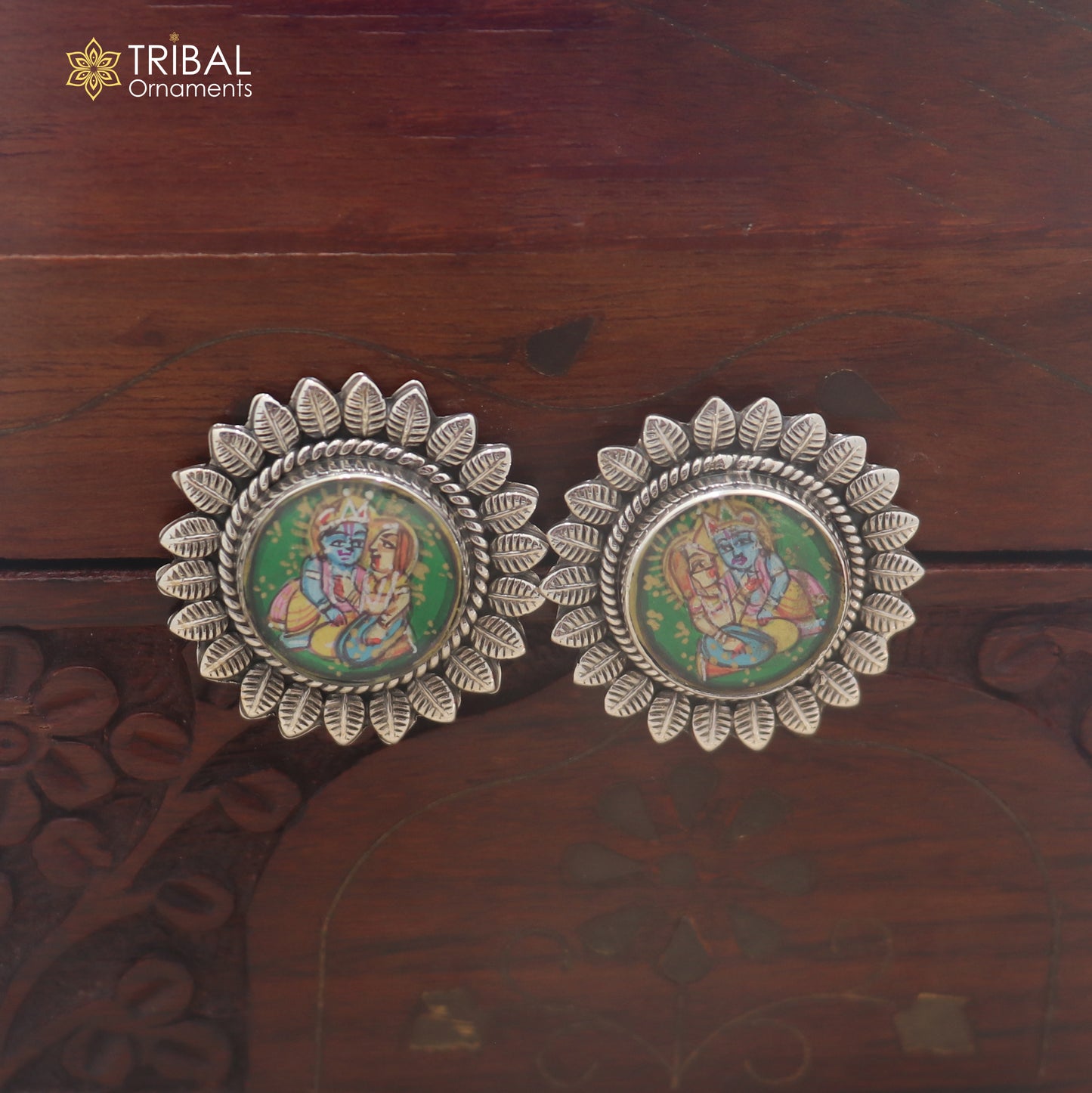 925 sterling silver Radha krishna design miniature art Painting stud earring er339