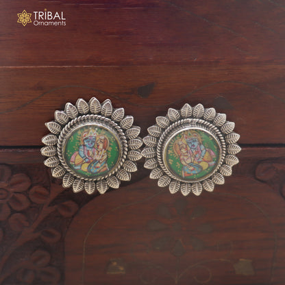 925 sterling silver Radha krishna design miniature art Painting stud earring er339