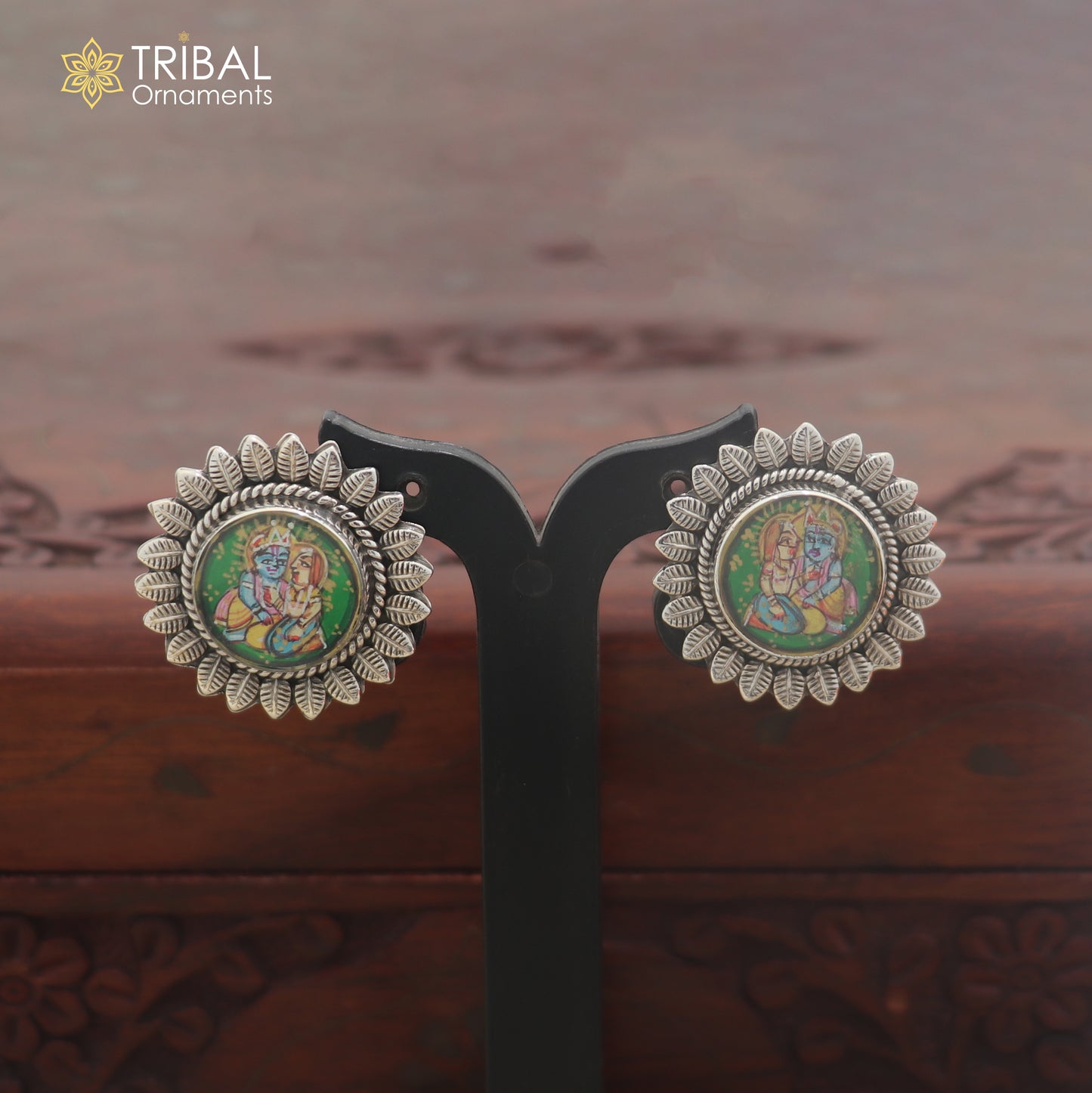 925 sterling silver Radha krishna design miniature art Painting stud earring er339