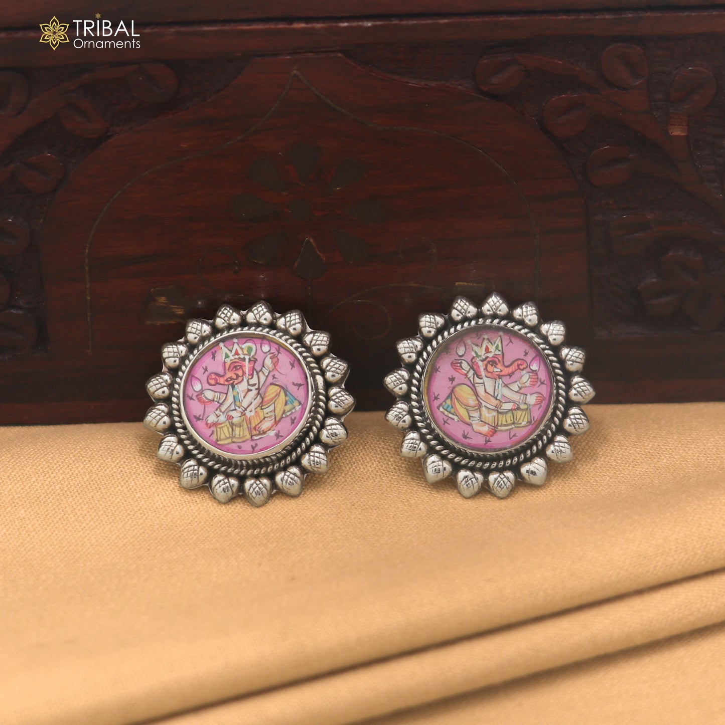 925 sterling silver Ganesha design miniature art Painting stud earring er340