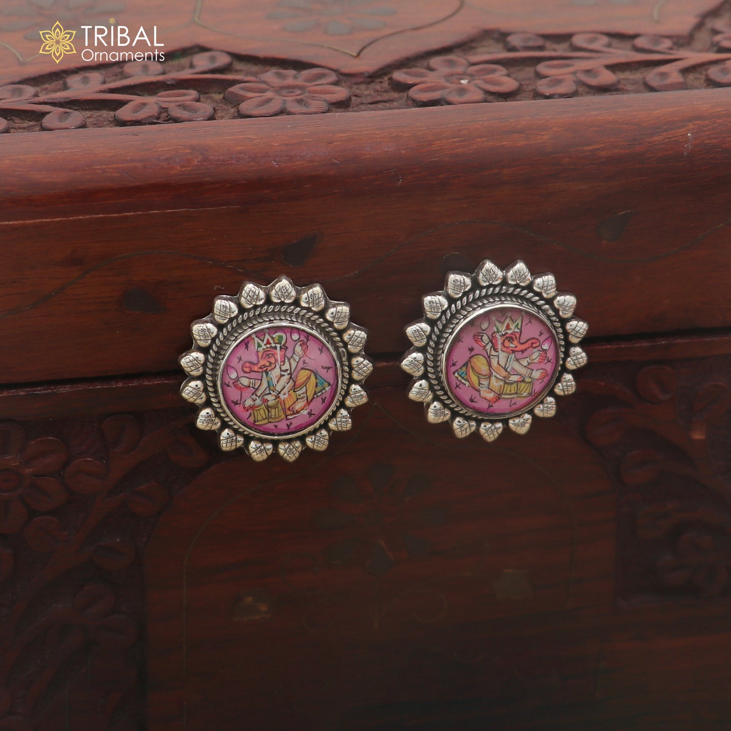 925 sterling silver Ganesha design miniature art Painting stud earring er340