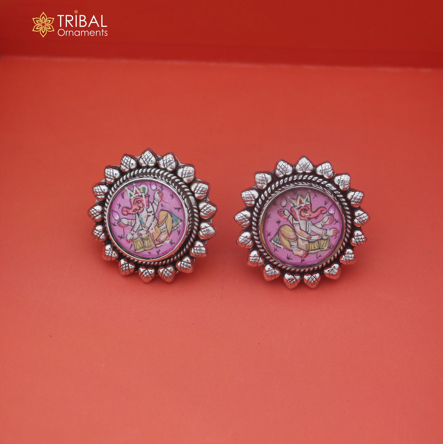 925 sterling silver Ganesha design miniature art Painting stud earring er340