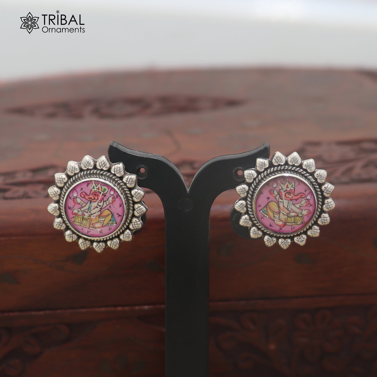 925 sterling silver Ganesha design miniature art Painting stud earring er340