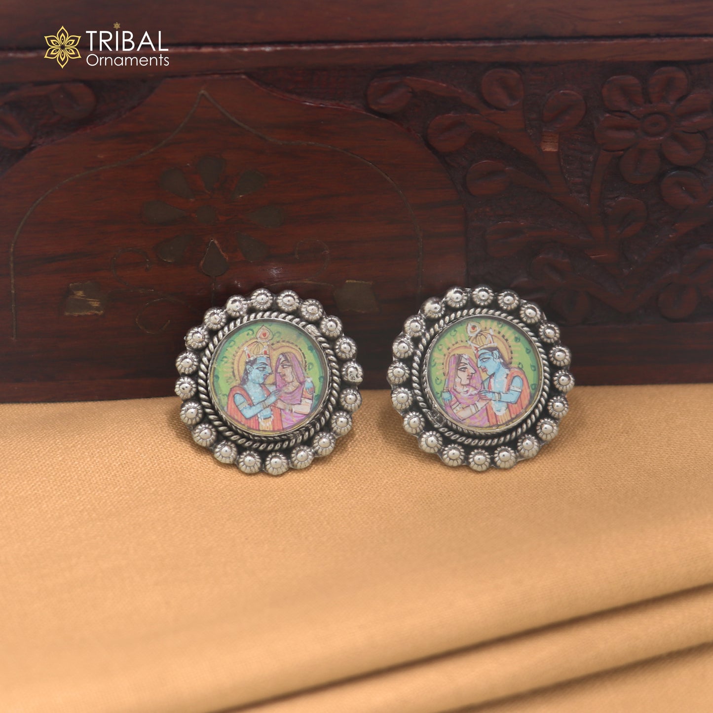 925 sterling silver Radha Krishna design miniature art Painting stud earring er341