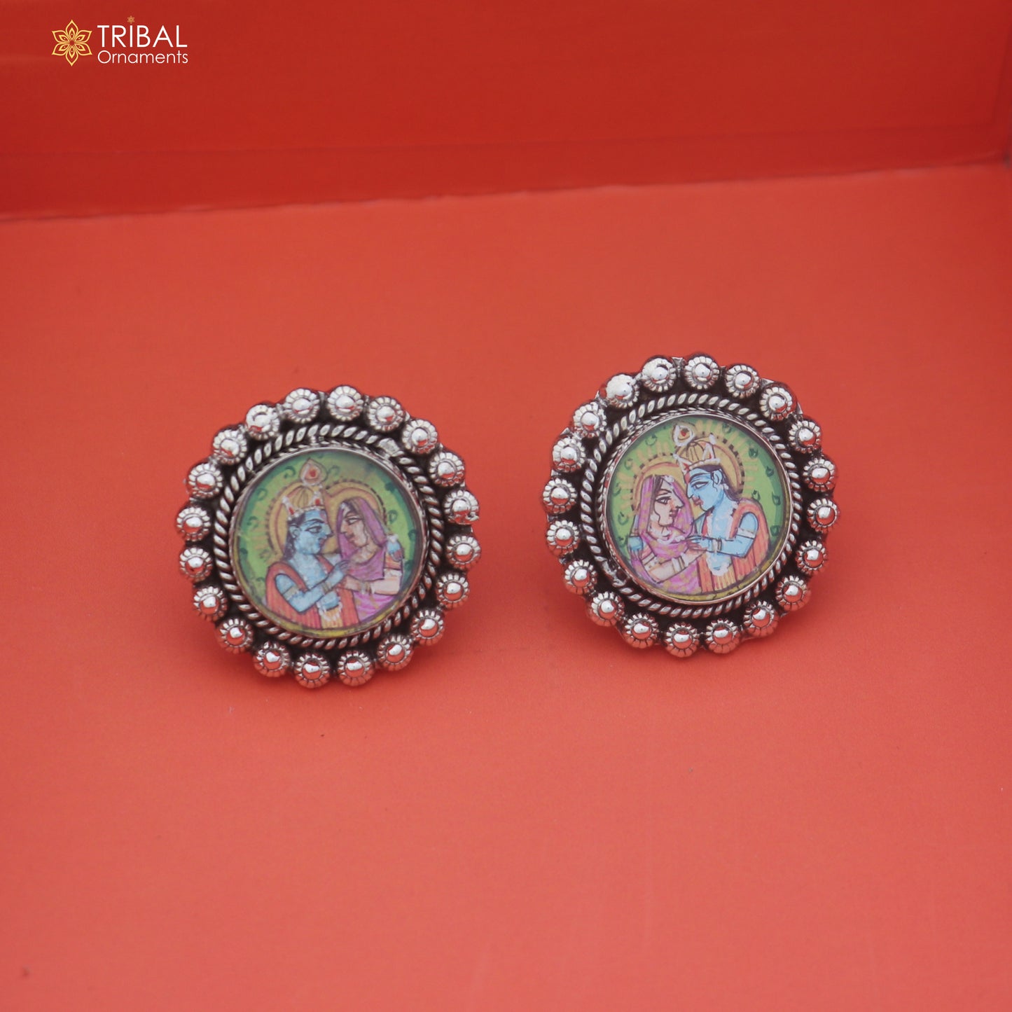 925 sterling silver Radha Krishna design miniature art Painting stud earring er341