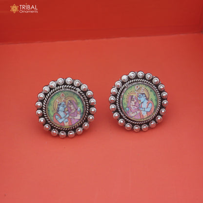 925 sterling silver Radha Krishna design miniature art Painting stud earring er341