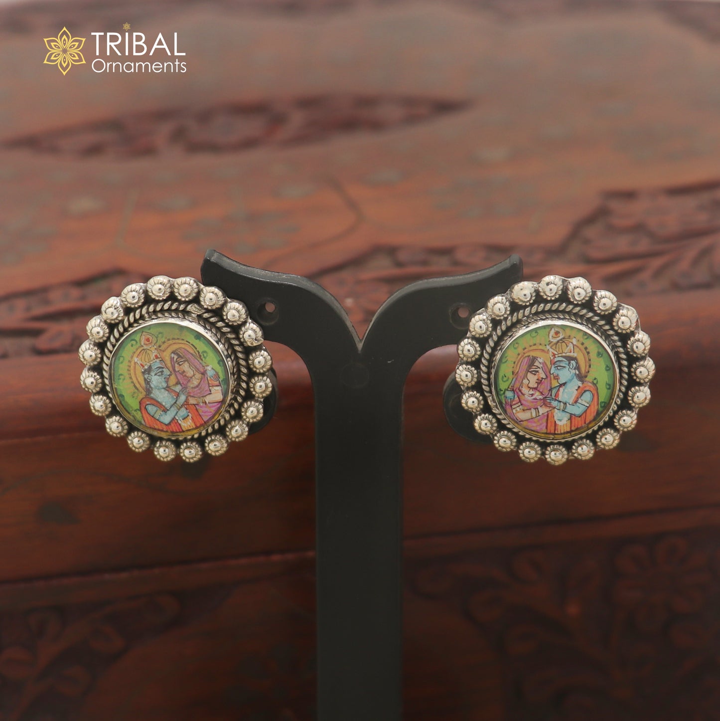 925 sterling silver Radha Krishna design miniature art Painting stud earring er341