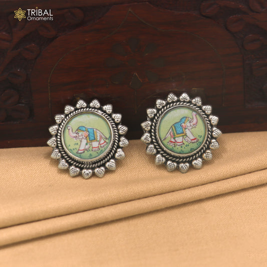 925 sterling silver elephant miniature art Painting stud earring er342