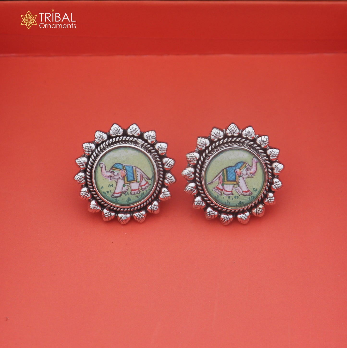 925 sterling silver elephant miniature art Painting stud earring er342