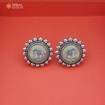 925 sterling silver elephant miniature art Painting stud earring er342