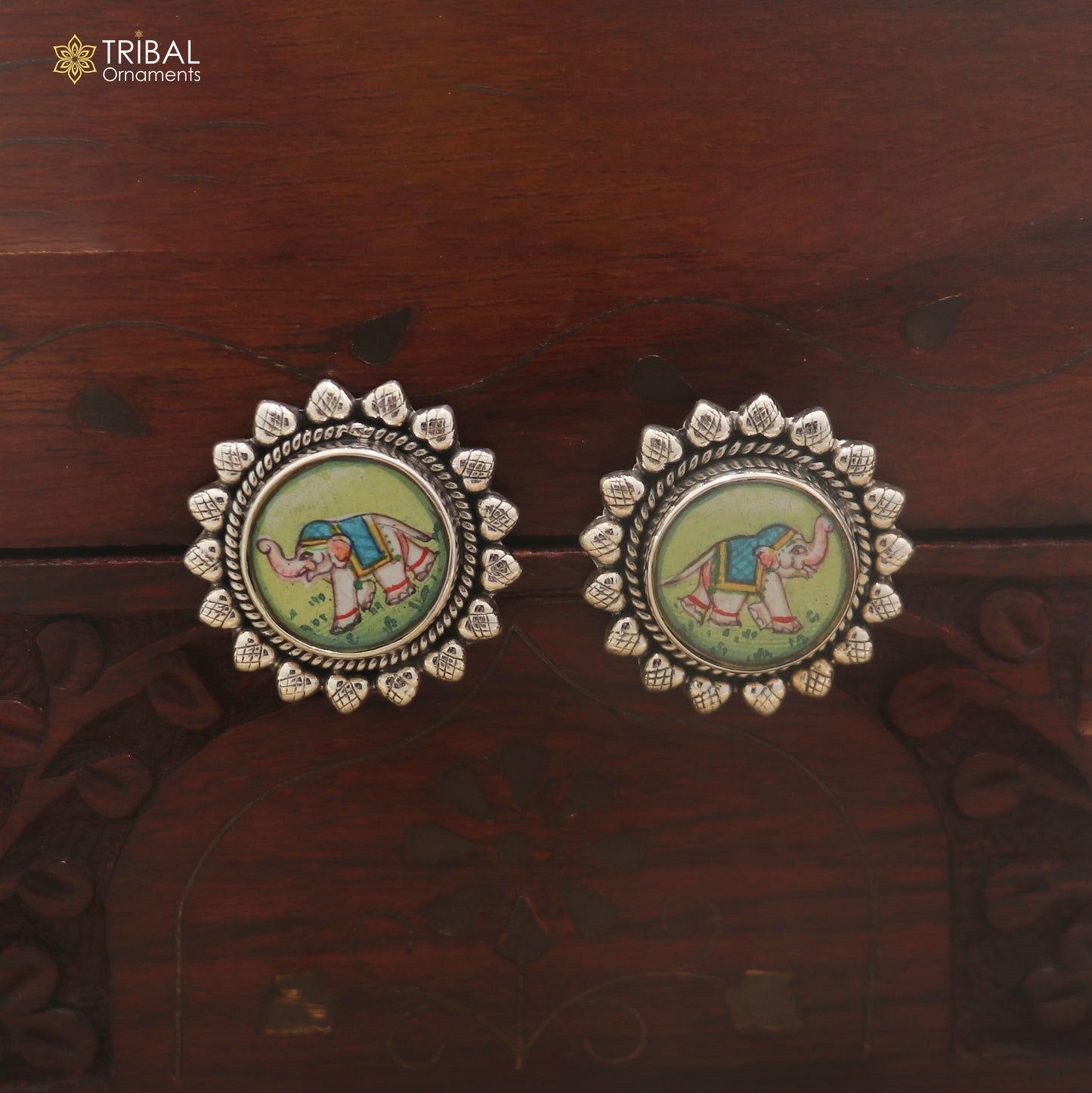 925 sterling silver elephant miniature art Painting stud earring er342