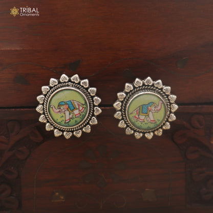 925 sterling silver elephant miniature art Painting stud earring er342
