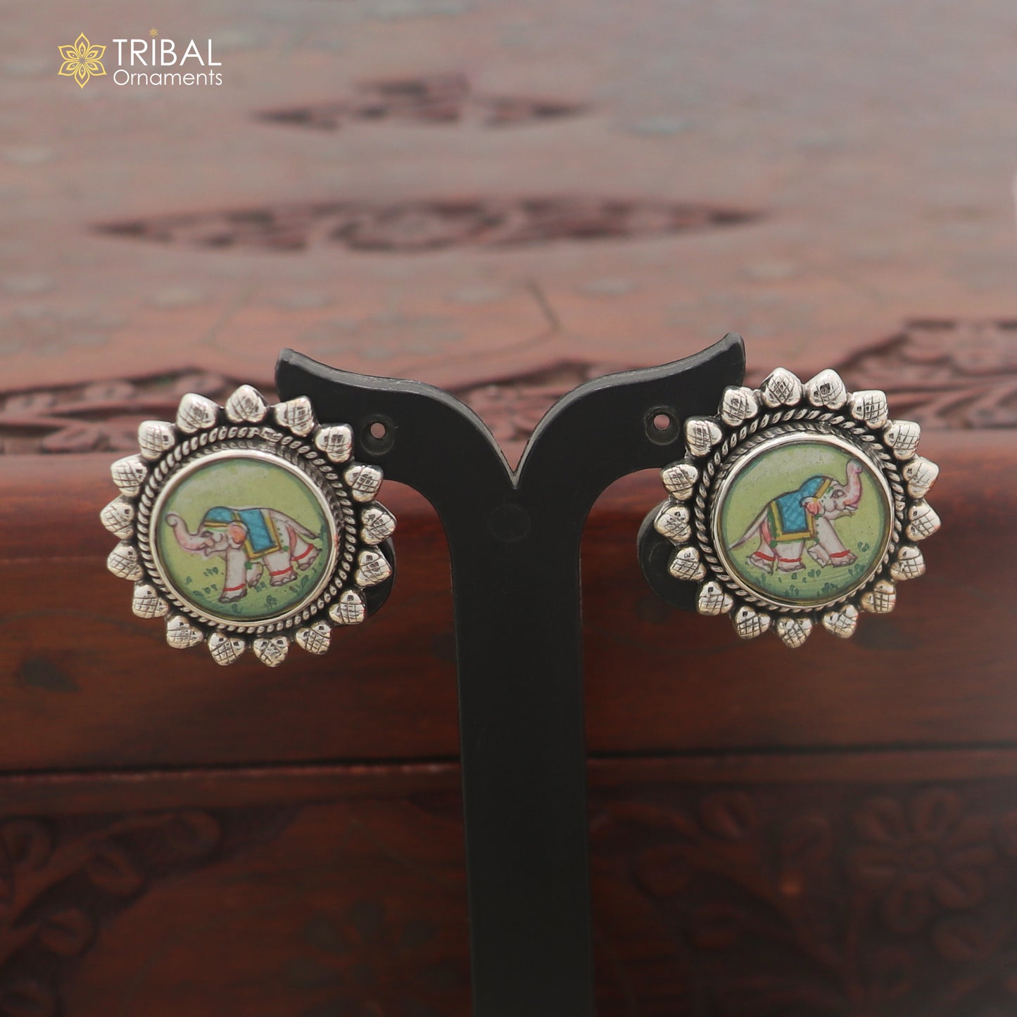 925 sterling silver elephant miniature art Painting stud earring er342