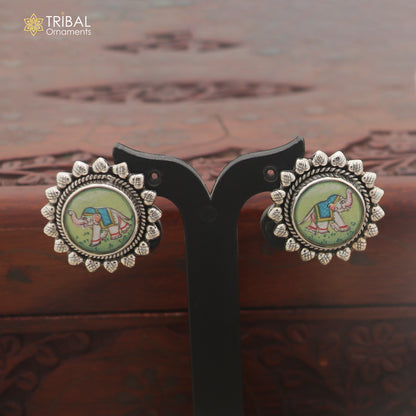 925 sterling silver elephant miniature art Painting stud earring er342