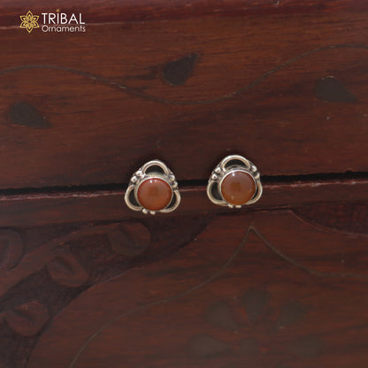 925 sterling silver round shape brown stone stud earring best unisex jewelry er358