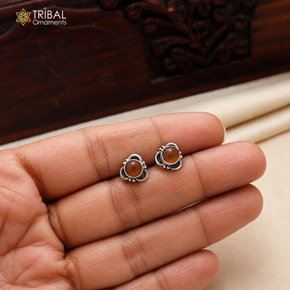 925 sterling silver round shape brown stone stud earring best unisex jewelry er358