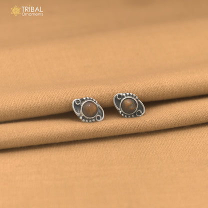 925 sterling silver round shape brown stone stud earring best unisex jewelry er359