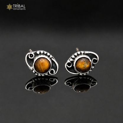 925 sterling silver round shape brown stone stud earring best unisex jewelry er359