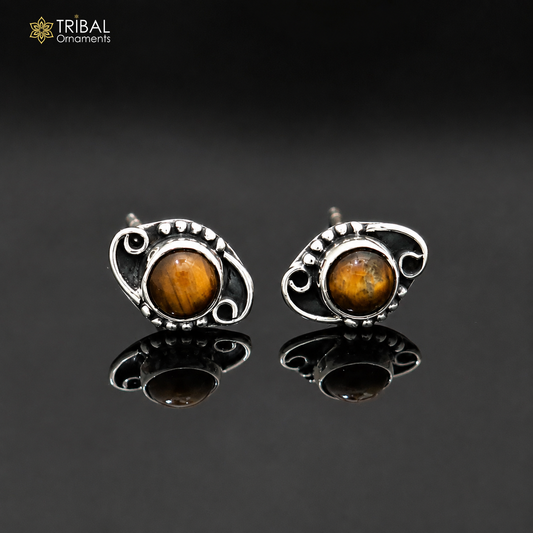 925 sterling silver round shape brown stone stud earring best unisex jewelry er359