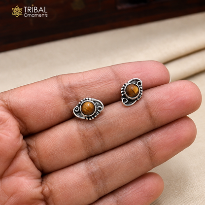 925 sterling silver round shape brown stone stud earring best unisex jewelry er359