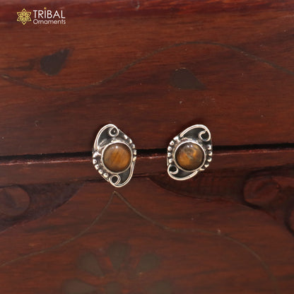 925 sterling silver round shape brown stone stud earring best unisex jewelry er359