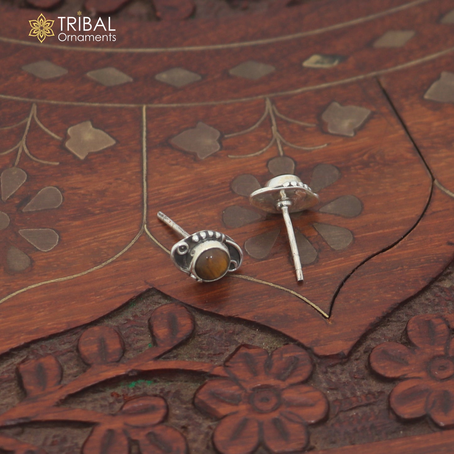 925 sterling silver round shape brown stone stud earring best unisex jewelry er359