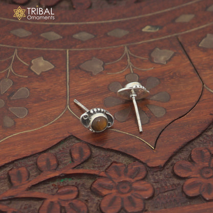 925 sterling silver round shape brown stone stud earring best unisex jewelry er359
