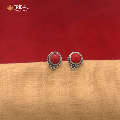 925 sterling silver round shape red stone stud earring best unisex jewelry er363