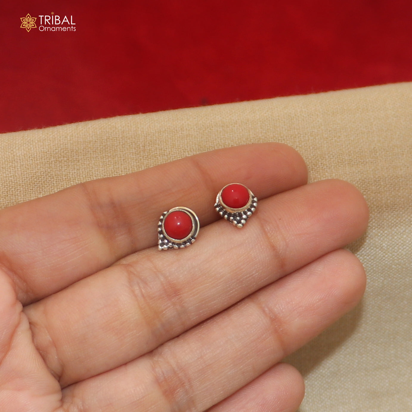 925 sterling silver round shape red stone stud earring best unisex jewelry er363
