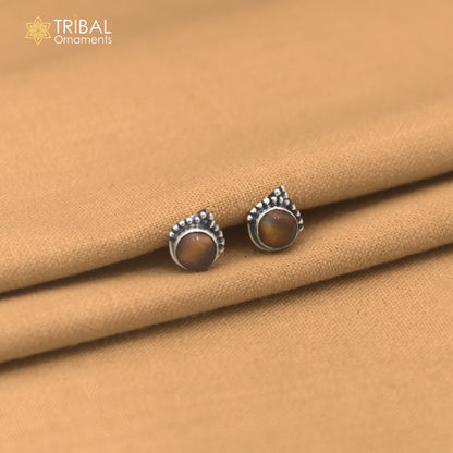 925 sterling silver round shape brown stone stud earring best unisex jewelry er364