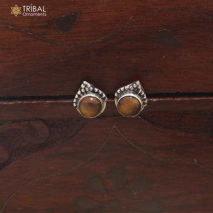 925 sterling silver round shape brown stone stud earring best unisex jewelry er364