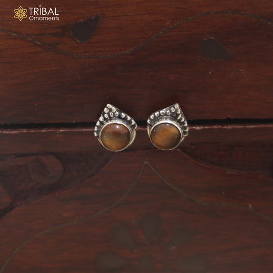 925 sterling silver round shape brown stone stud earring best unisex jewelry er364