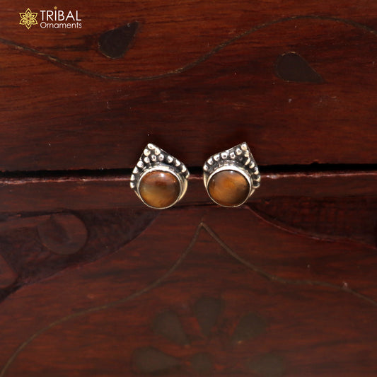 925 sterling silver round shape brown stone stud earring best unisex jewelry er364