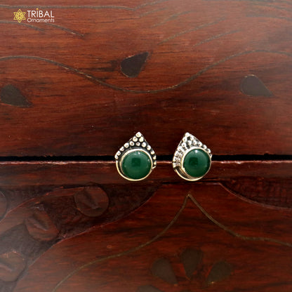 925 sterling silver round shape green stone stud earring best unisex jewelry er365