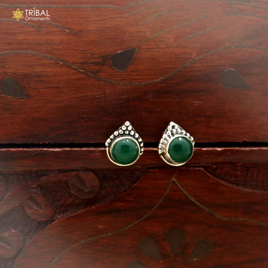 925 sterling silver round shape green stone stud earring best unisex jewelry er365