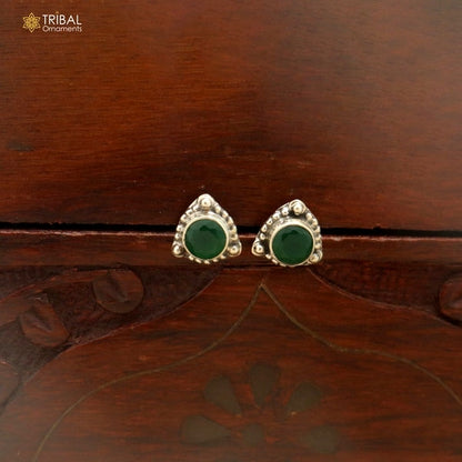 925 sterling silver round shape green stone stud earring best unisex jewelry er366