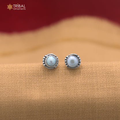 925 sterling silver round shape pearl stone stud earring best unisex jewelry er390
