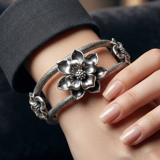 Sterling silver handmade flower design bangle bracelet with vintage style, traditional wedding jewelry by TRIBAL ORNAMENTS.