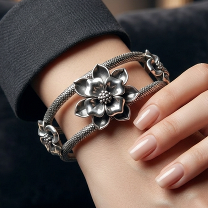 Sterling silver handmade flower design bangle bracelet with vintage style, traditional wedding jewelry by TRIBAL ORNAMENTS.